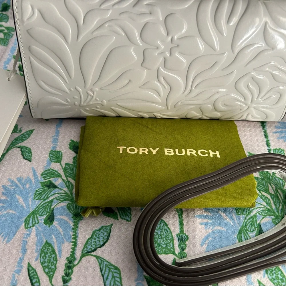 Tory Burch Robinson Embossed Floral Bag Blanc Leather New $340 - Picture 4 of 5